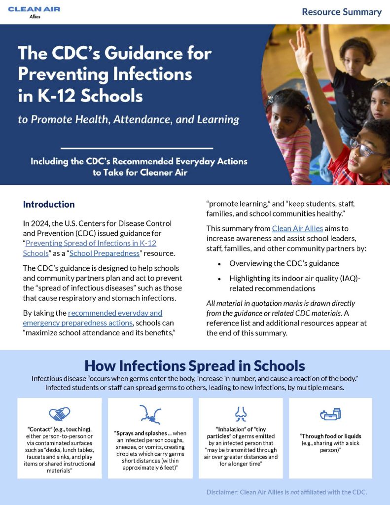 Clean Air Allies Resource Summary The CDC's Guidance for Preventing Infections in K-12 Schools to Promote Health, Attendance, and Learning Including the CDC's Recommended Everyday Actions to Take for Cleaner Air Image of Front Page of Resource Summary
