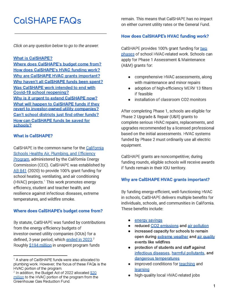 First page of CalSHAPE Frequently Asked Questions (FAQs)