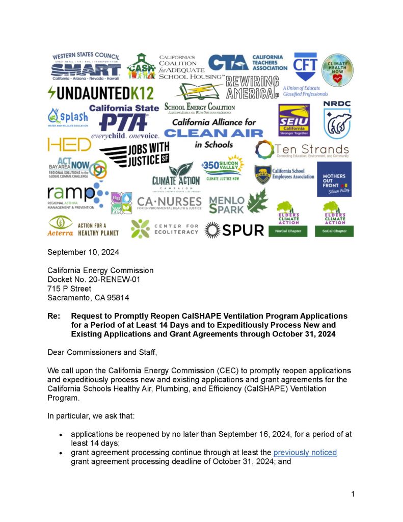 First Page of September 24 CalSHAPE Coalition Letter to CEC