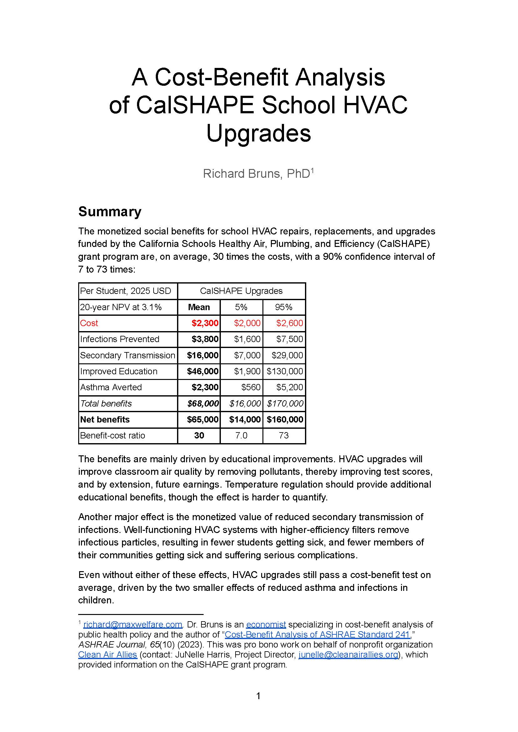 First Page of Bruns CalSHAPE Cost-Benefit Analysis