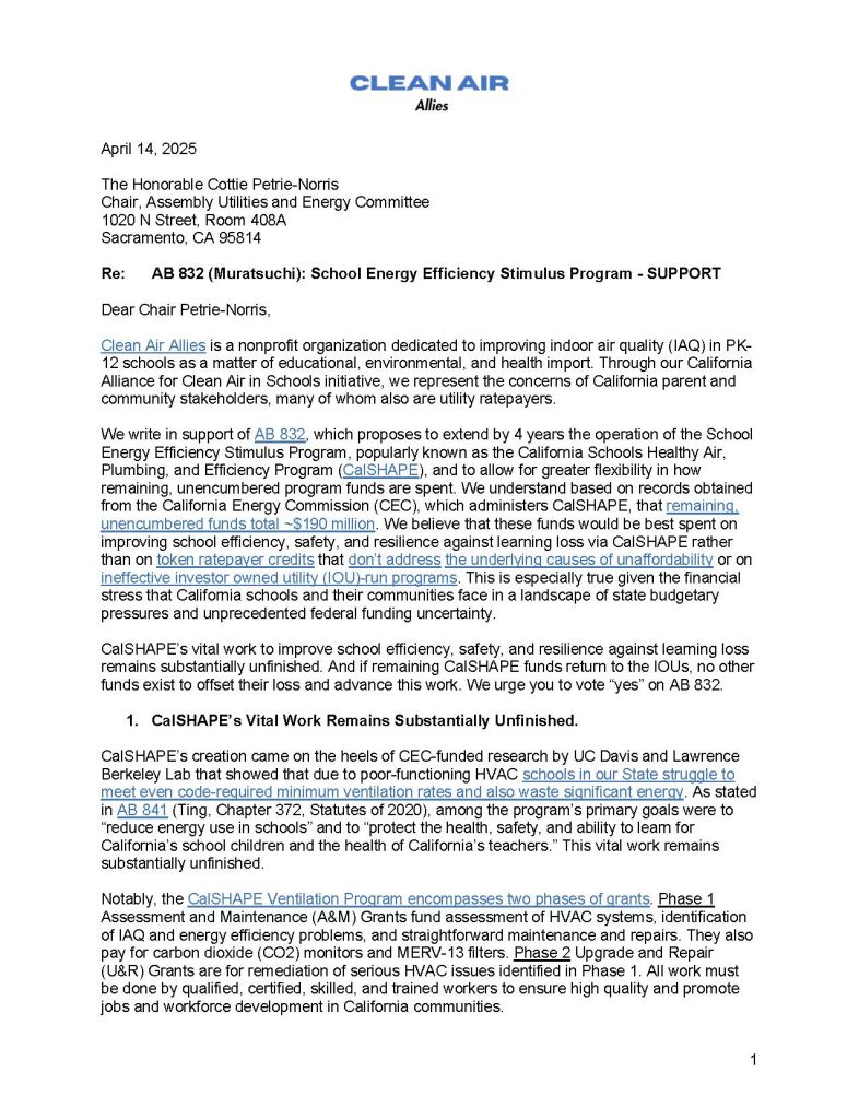 First page of Clean Air Allies Letter in Support of AB 832