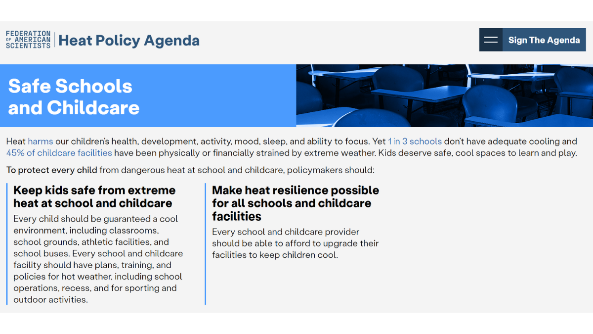Screenshot of FAS Heat Policy Agenda webpage section on safe schools and childcare