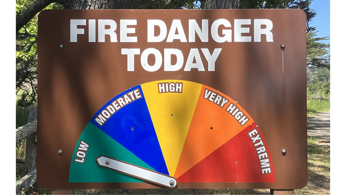 Roadside fire danger sign with the indicator showing "Low" danger